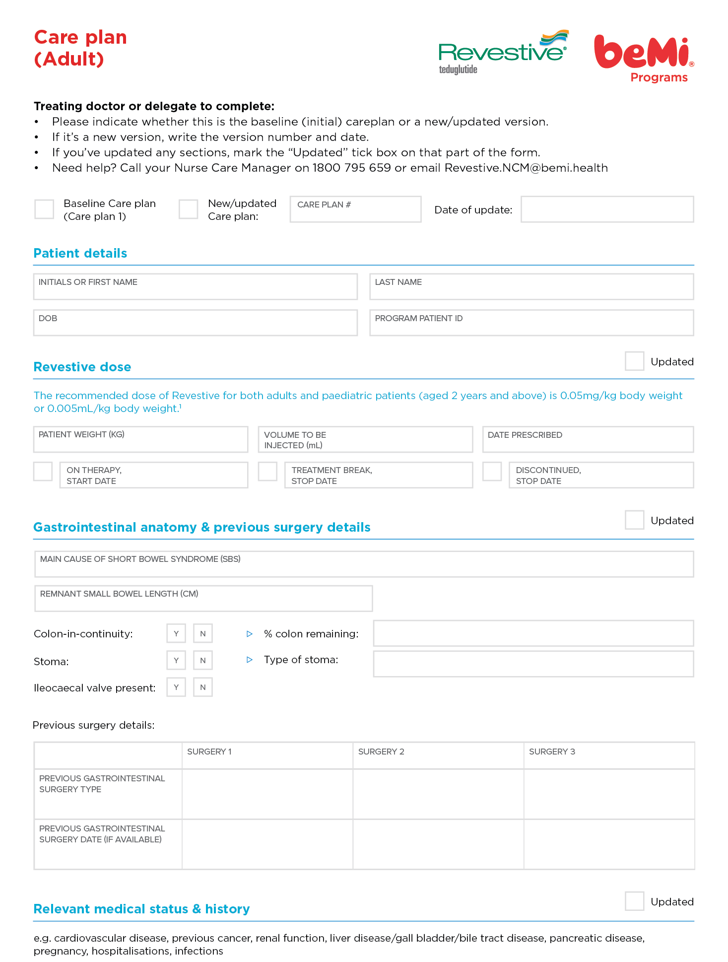 Care plan for adult patients