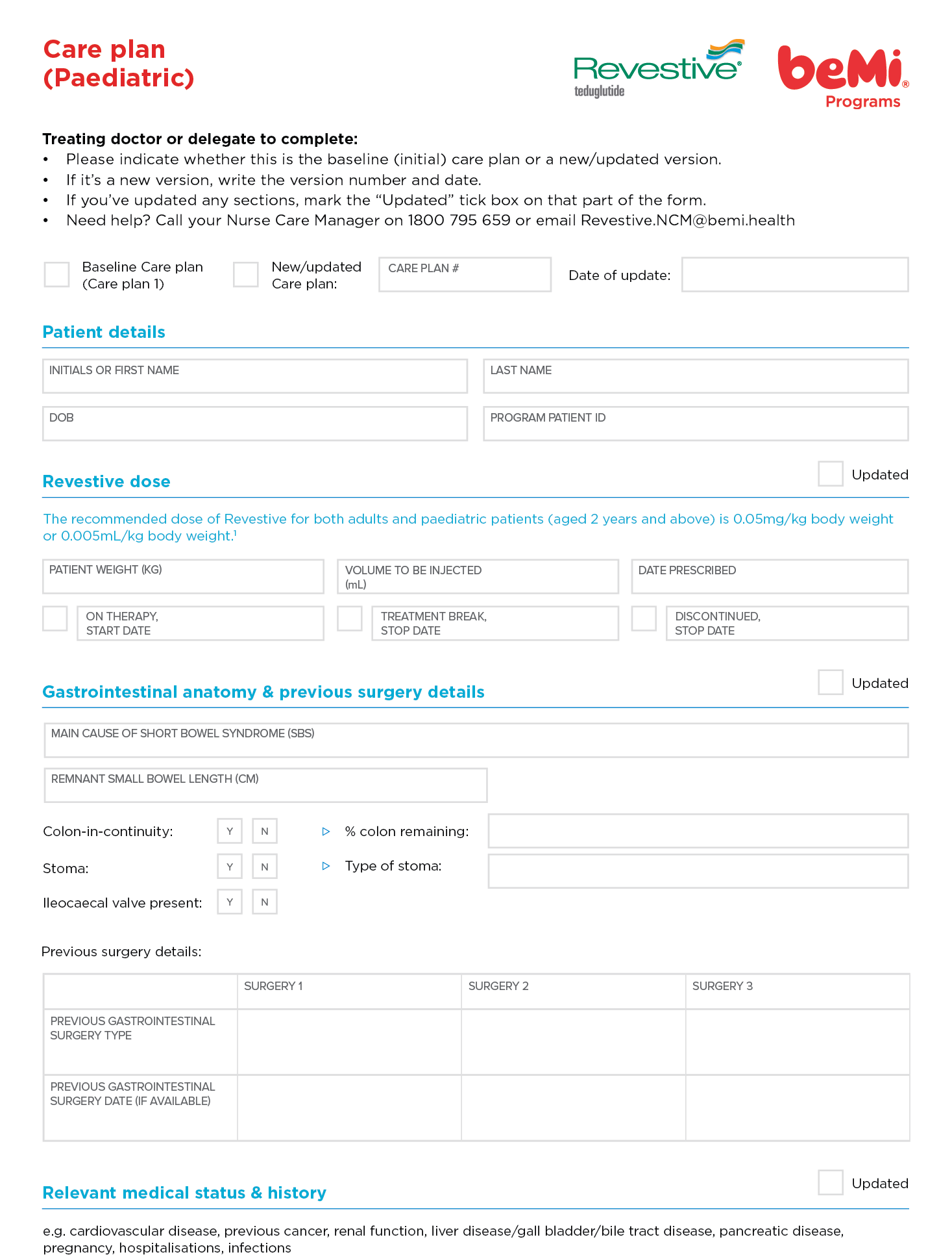 Care plan for paediatric patients